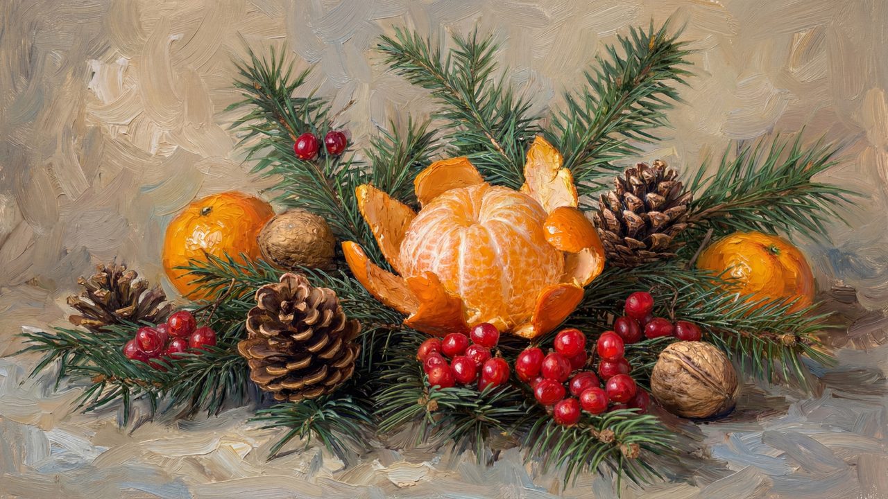 Christmas Frame TV Art, Vintage Holiday Oil Painting (Oranges and Pine Cones)