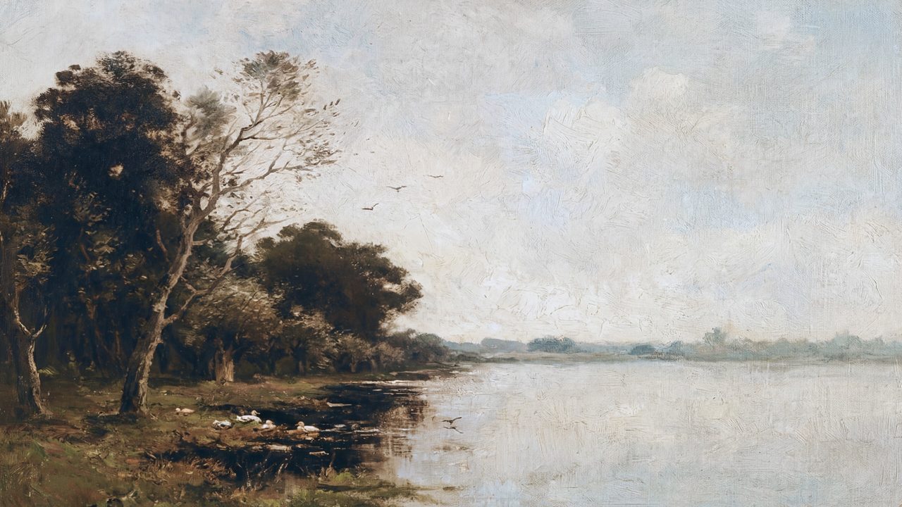 Vintage Frame TV Art, Antique Landscape Oil Painting (Trees by Lakeshore)