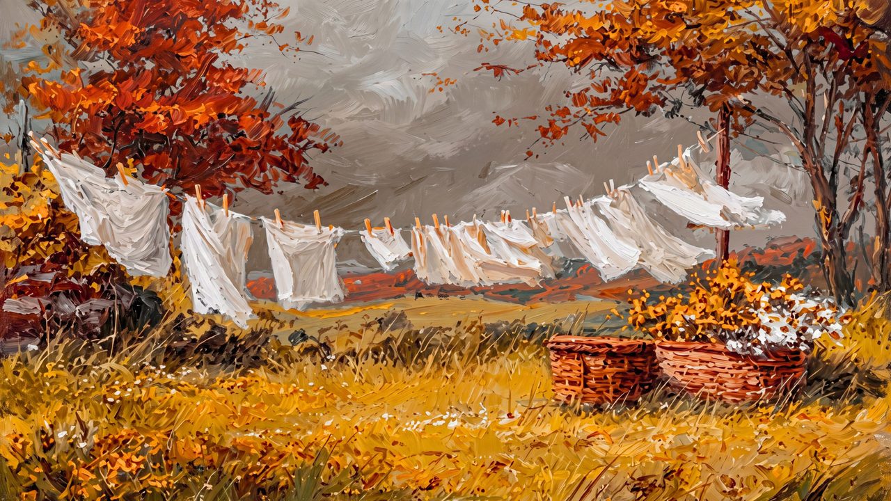 Fall Frame TV Art, Vintage Autumn Oil Painting (Laundry Line in Autumn Yard)