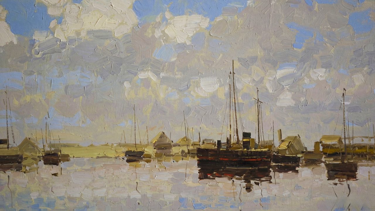 Nautical Frame TV Art, Coastal Oil Painting (Boats in Quiet Harbor)