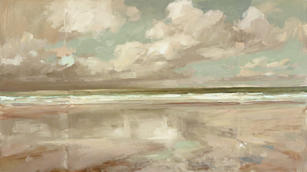 Vintage Frame TV Art, Antique Landscape Oil Painting (Clouds Over Wet Beach)