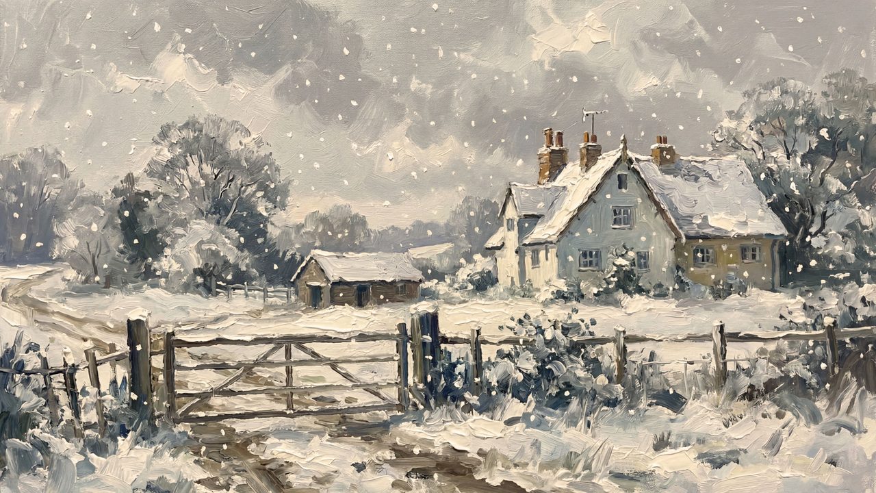 Christmas Frame TV Art, Vintage Holiday Oil Painting (Snowy Cottage Behind Gate)