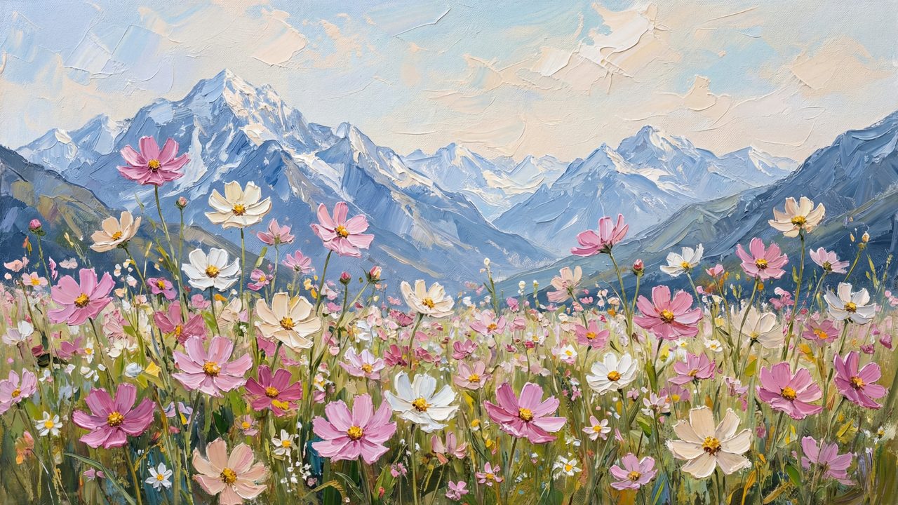 Spring Frame TV Art, Vintage Floral Landscape Oil Painting (Cosmos Field Below Mountains)