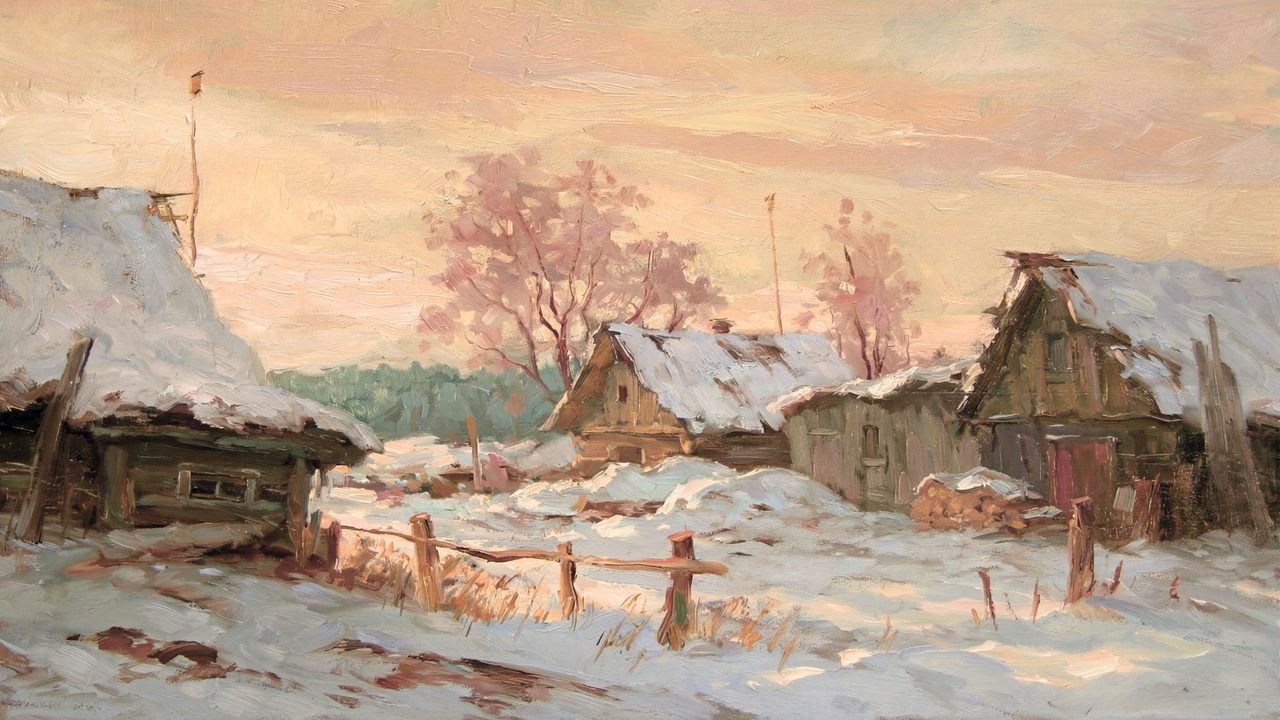 Christmas Frame TV Art, Vintage Holiday Oil Painting (Snowy Village at Pink Dusk)