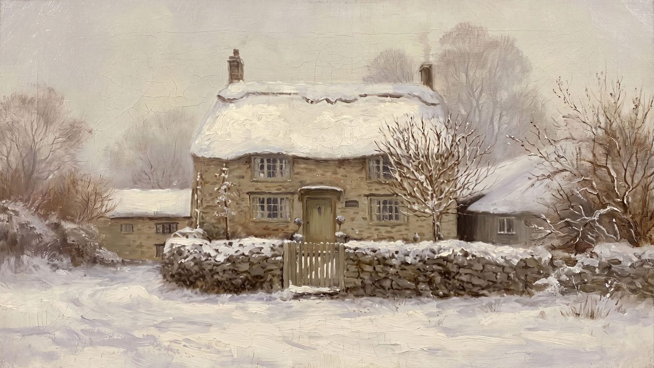 Christmas Frame TV Art, Vintage Holiday Oil Painting (Snowy Stone Cottage)