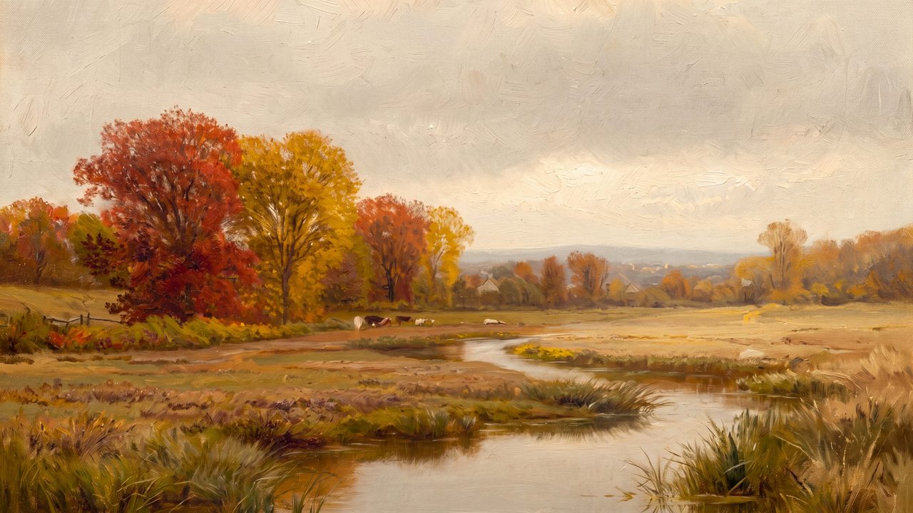 Fall Frame TV Art, Vintage Autumn Oil Painting (Red Autumn Trees by Creek)
