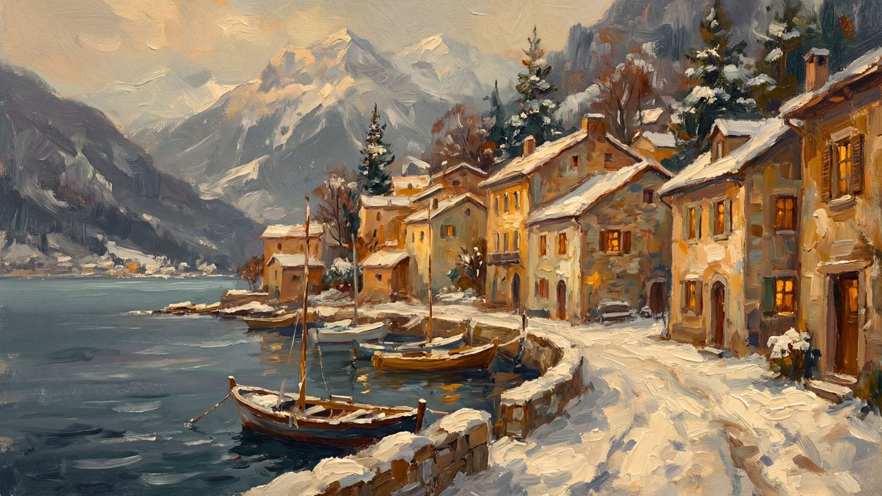 Christmas Frame TV Art, Vintage Holiday Oil Painting (Lakeside Alpine Village)