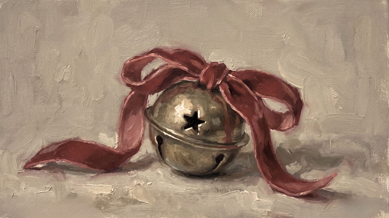 Christmas Frame TV Art, Vintage Holiday Oil Painting (Sleigh Bell with Red Ribbon)