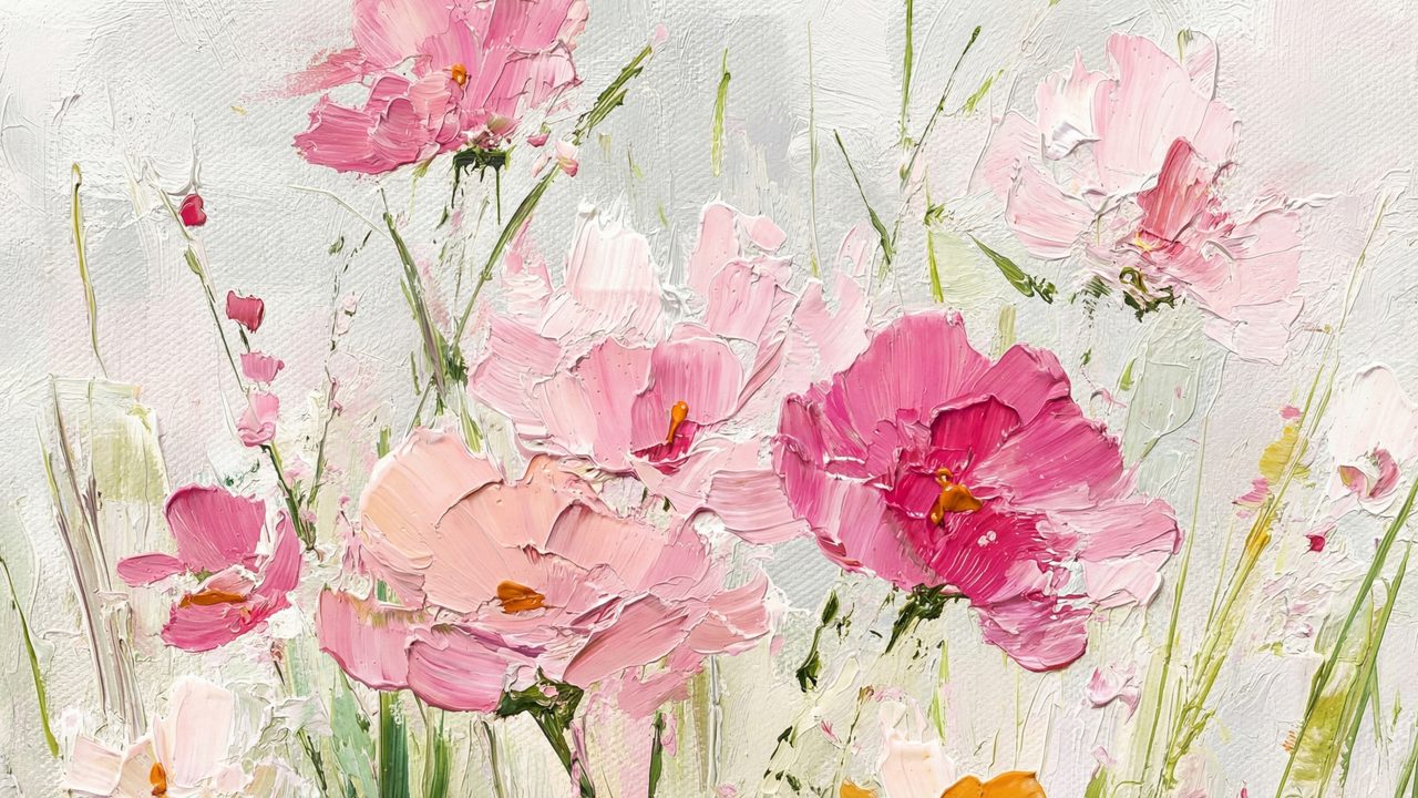Spring Frame TV Art, Vintage Floral Landscape Oil Painting (Pink Cosmos Flowers)