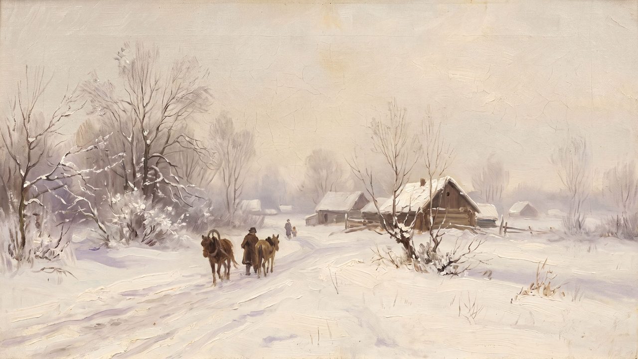 Christmas Frame TV Art, Vintage Holiday Oil Painting (Horses on Snowy Village Road)