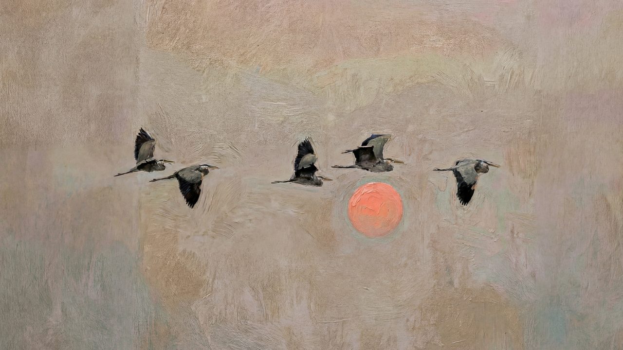 Nautical Frame TV Art, Coastal Oil Painting (Geese Flying Past Red Sun)