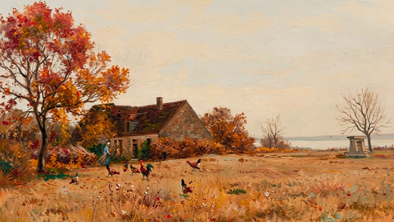 Fall Frame TV Art, Vintage Autumn Oil Painting (Farmhouse with Chickens in Autumn)