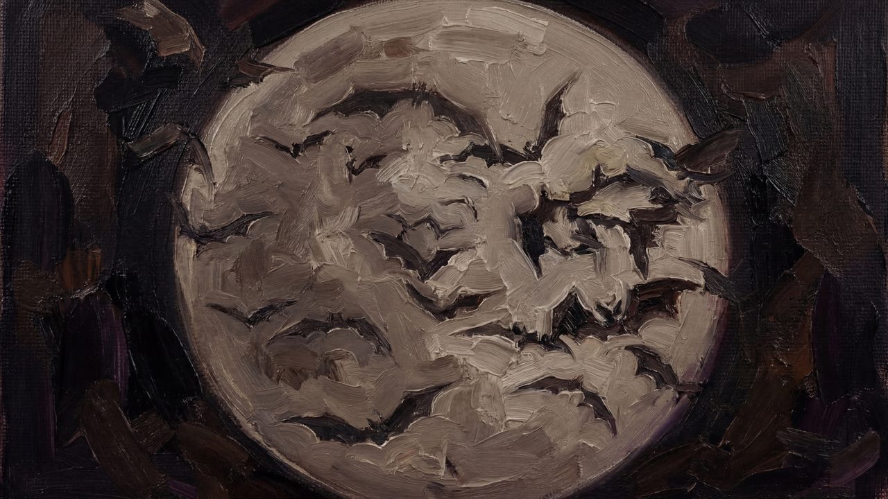 Halloween Frame TV Art, Vintage Moody Oil Painting (Bats Across Full Moon)