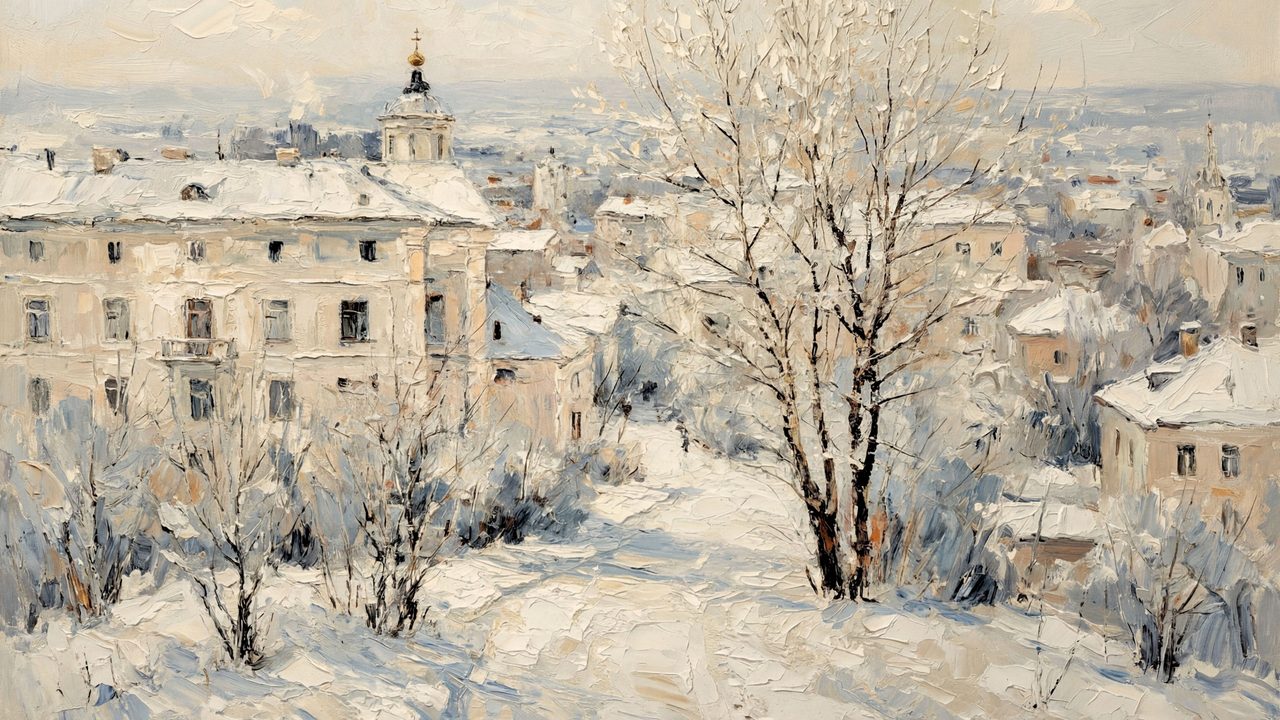 Christmas Frame TV Art, Vintage Holiday Oil Painting (Snowy Town with Frosted Trees)
