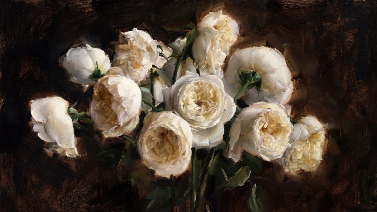Dark Academia Frame TV Art, Moody Vintage Oil Painting (White Roses on Dark Background)
