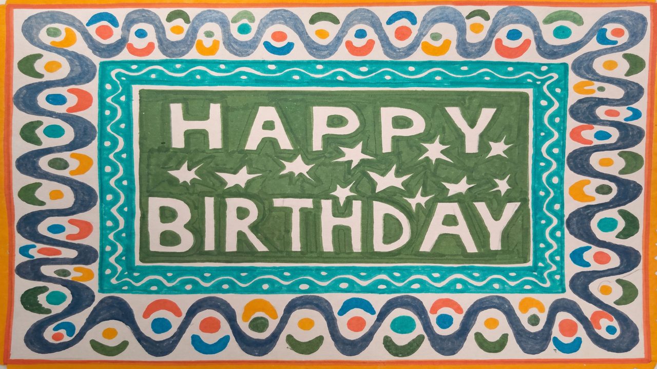 Happy Birthday Frame TV Art, Colorful Party TV Background (Green Folk Border Birthday)