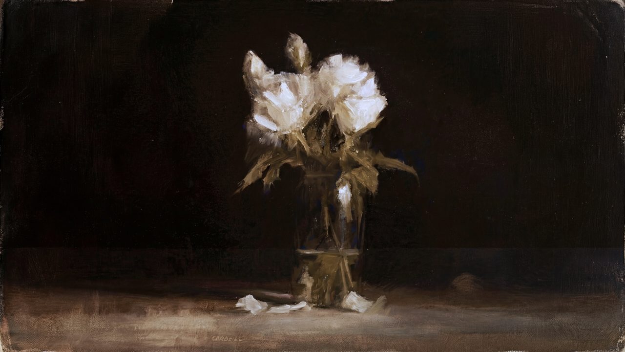 Vintage Frame TV Art, Antique Landscape Oil Painting (White Peonies on Dark Background)
