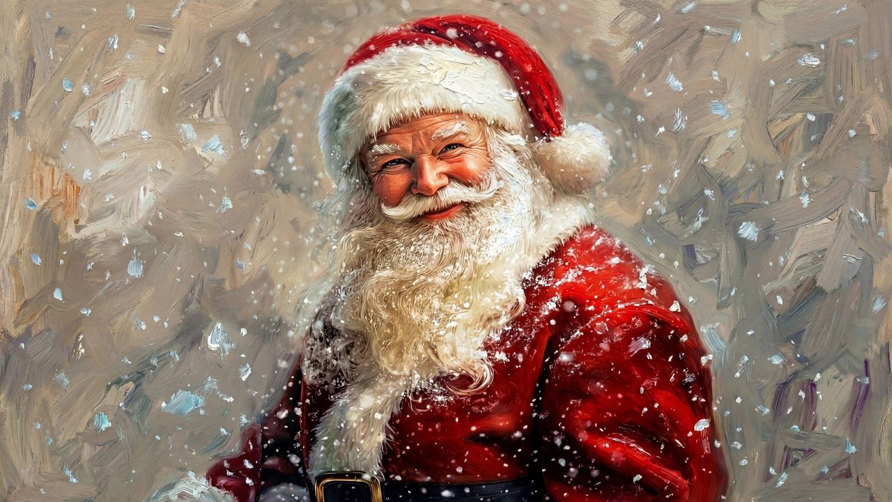 Christmas Frame TV Art, Vintage Holiday Oil Painting (Smiling Santa in Snow)