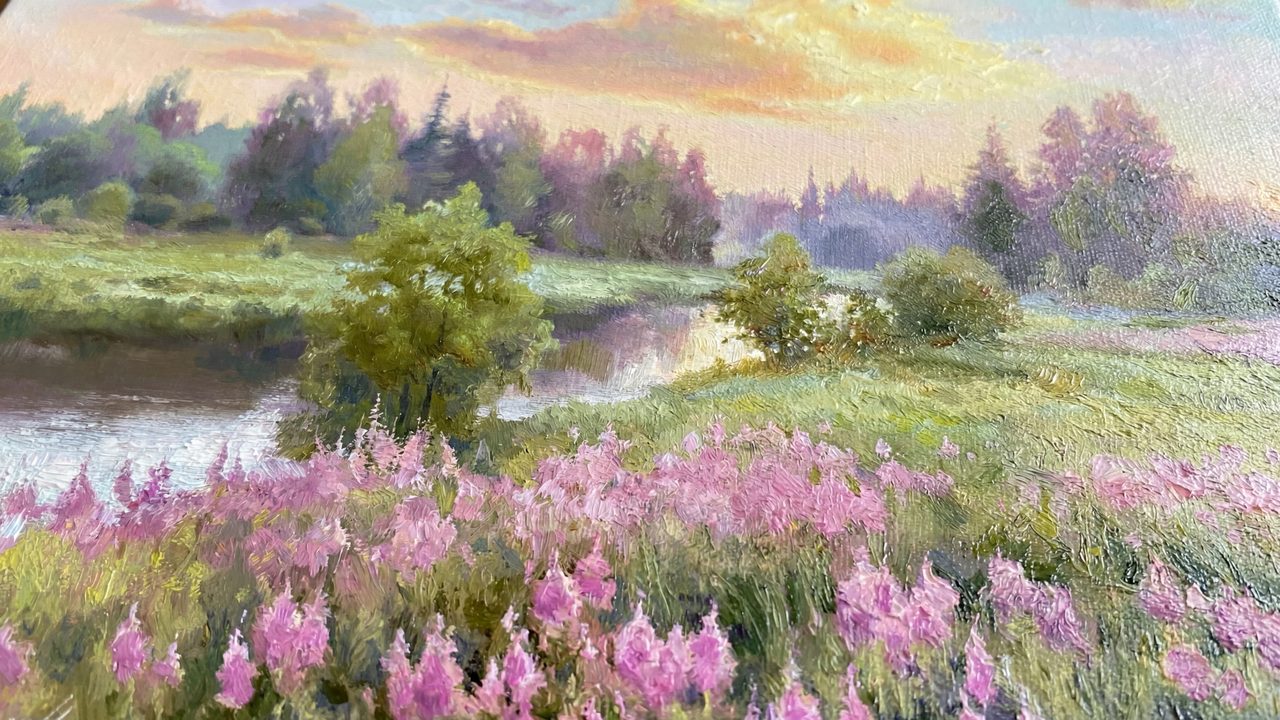 Spring Frame TV Art, Vintage Floral Landscape Oil Painting (River Meadow with Fireweed)