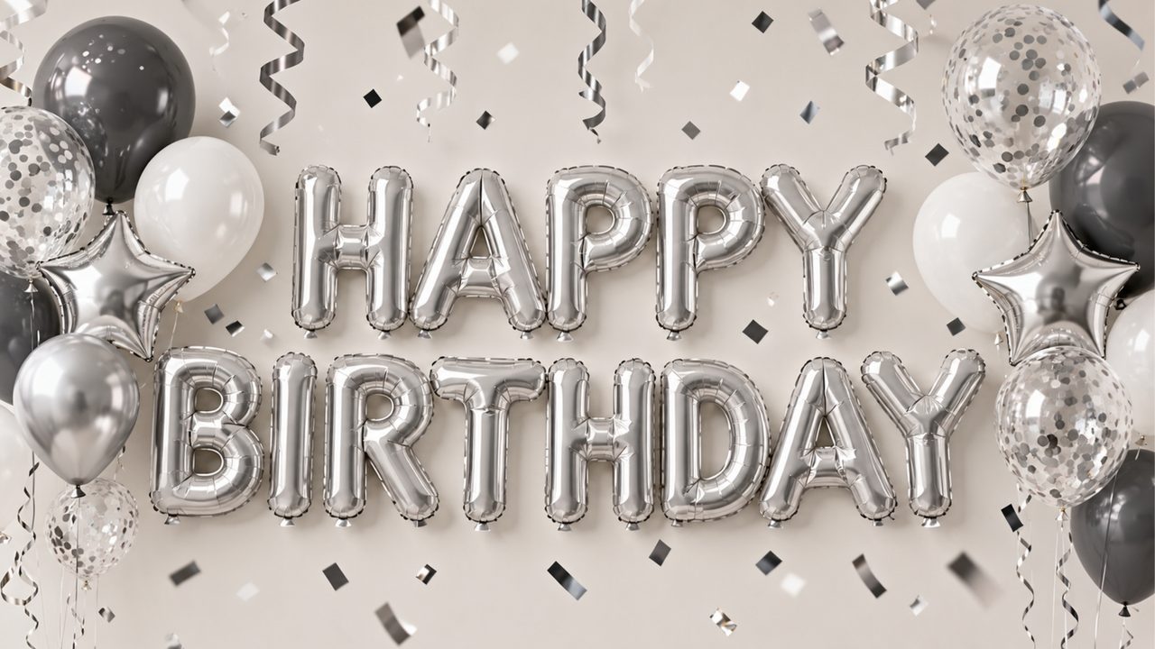Happy Birthday Frame TV Art, Colorful Party TV Background (Happy Birthday Silver Letters)