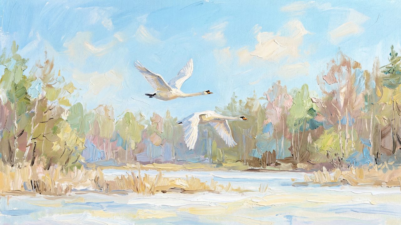 Spring Frame TV Art, Vintage Floral Landscape Oil Painting (Swans Flying over River)