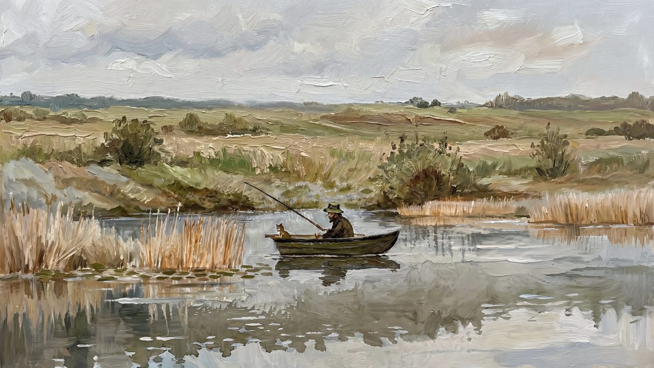 Vintage Frame TV Art, Antique Landscape Oil Painting (Fisherman in Boat on Pond)