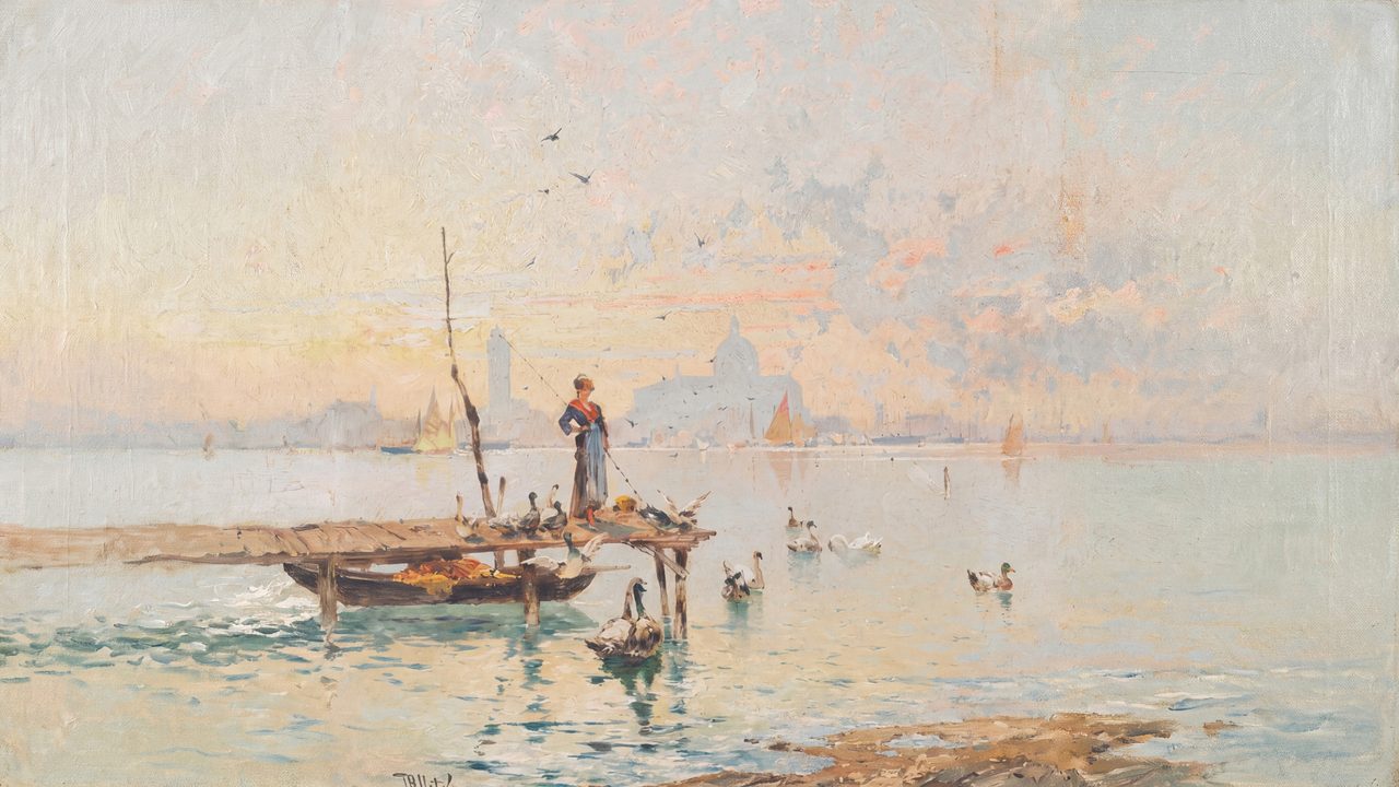 Nautical Frame TV Art, Coastal Oil Painting (Fisherman on Pier)