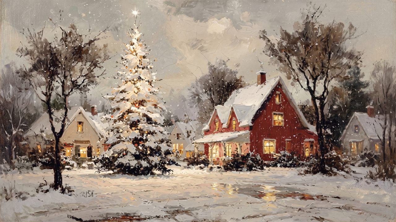 Christmas Frame TV Art, Vintage Holiday Oil Painting (Snowy Village Christmas Tree)
