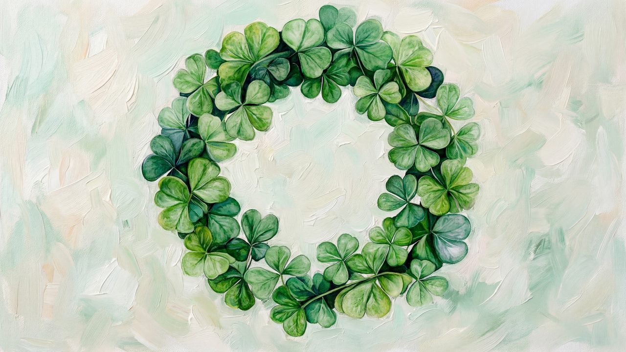 St. Patrick’s Day Samsung Frame TV Art, Lucky Clover Wreath TV Decor, Green Aesthetic Screen Art
