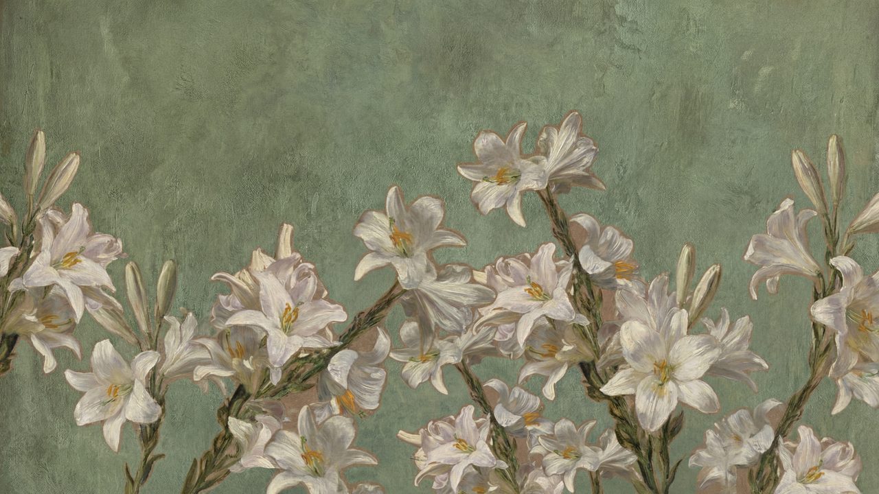 Vintage Frame TV Art, Antique Landscape Oil Painting (White Lilies on Green)