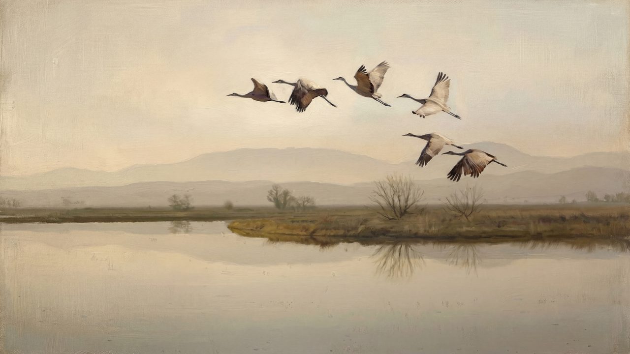 Vintage Frame TV Art, Antique Landscape Oil Painting (Geese Flying Over Marsh)