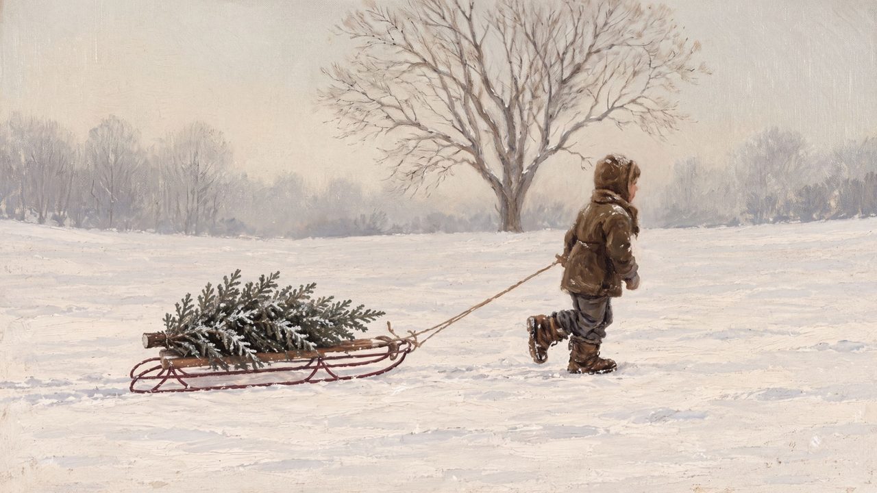 Christmas Frame TV Art, Vintage Holiday Oil Painting (Child Pulling Tree on Sled)