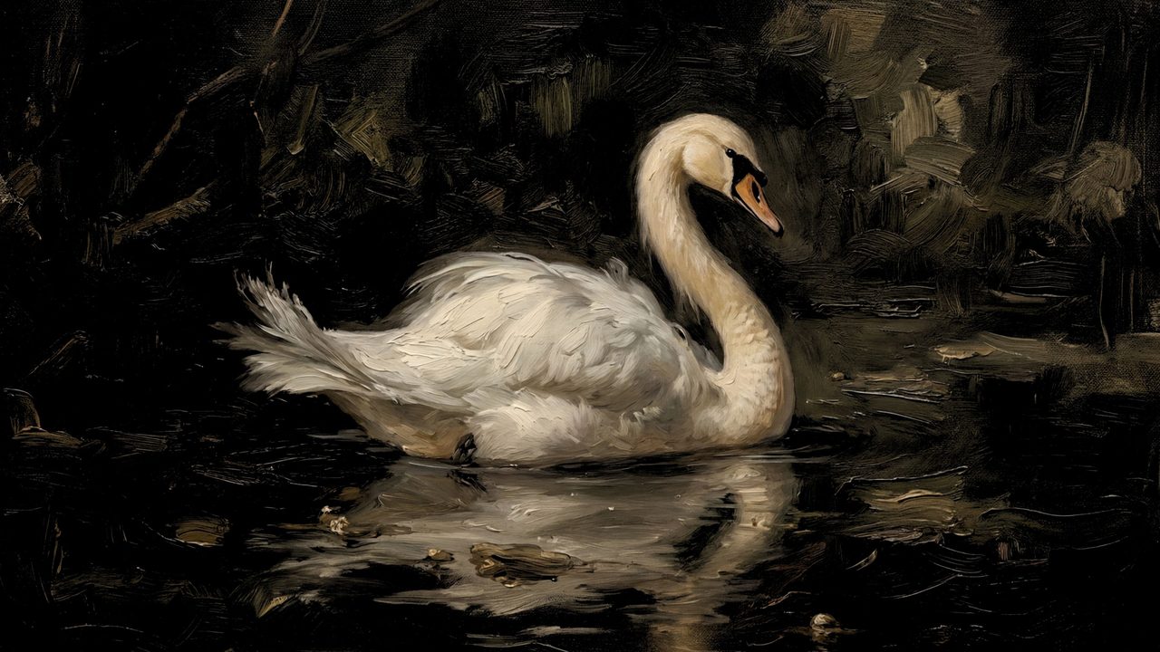 Halloween Frame TV Art, Vintage Moody Oil Painting (White Swan on Dark Pond)