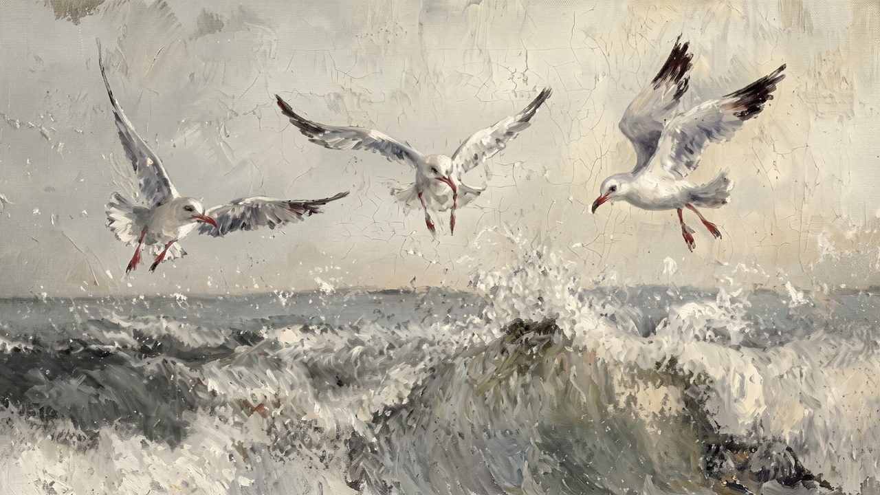 Summer Frame TV Art, Coastal Beach Oil Painting (Seagulls over Crashing Waves)