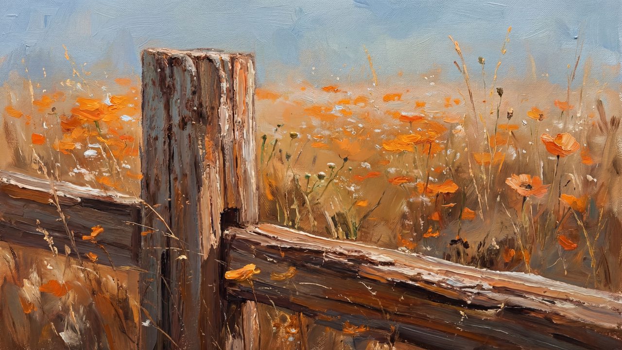 Fall Frame TV Art, Vintage Autumn Oil Painting (Rustic Fence in Autumn Field)