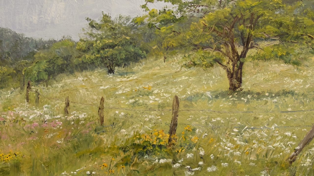 Spring Frame TV Art, Vintage Floral Landscape Oil Painting (Green Hillside Meadow)