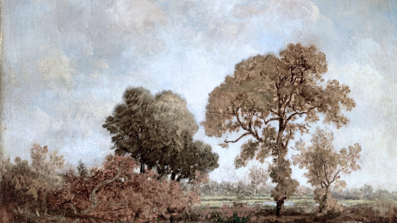 Vintage Frame TV Art, Antique Landscape Oil Painting (Trees on Autumn Heath)