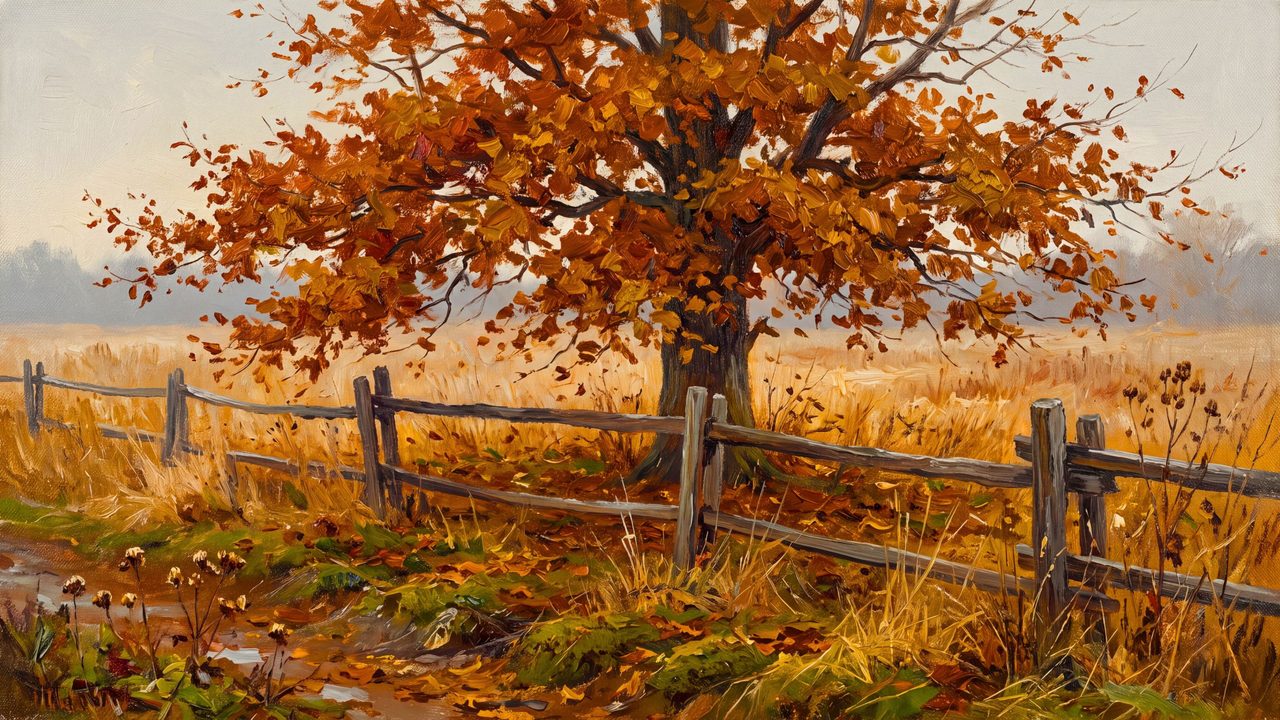 Fall Frame TV Art, Vintage Autumn Oil Painting (Oak Tree by Rustic Fence)