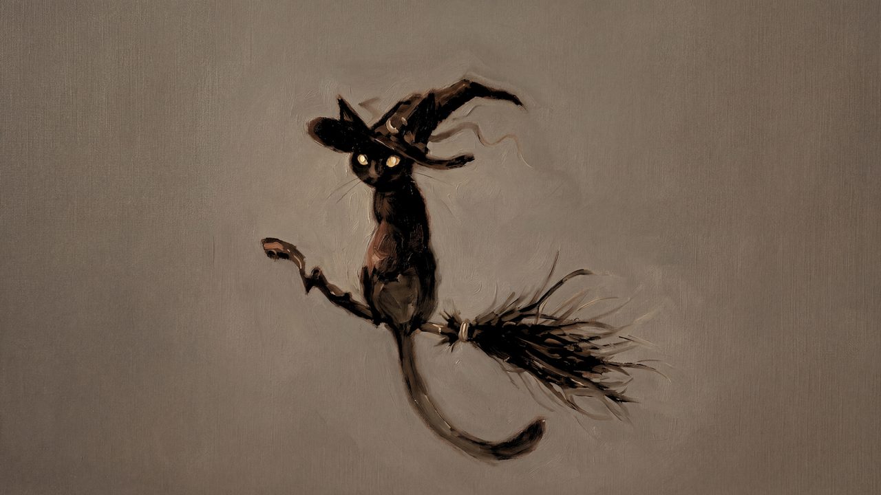 Fall Frame TV Art, Vintage Autumn Oil Painting (Cat on Broomstick)
