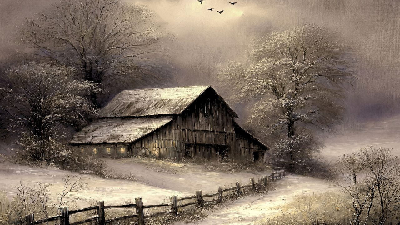 Christmas Frame TV Art, Vintage Holiday Oil Painting (Old Barn in Snowstorm)
