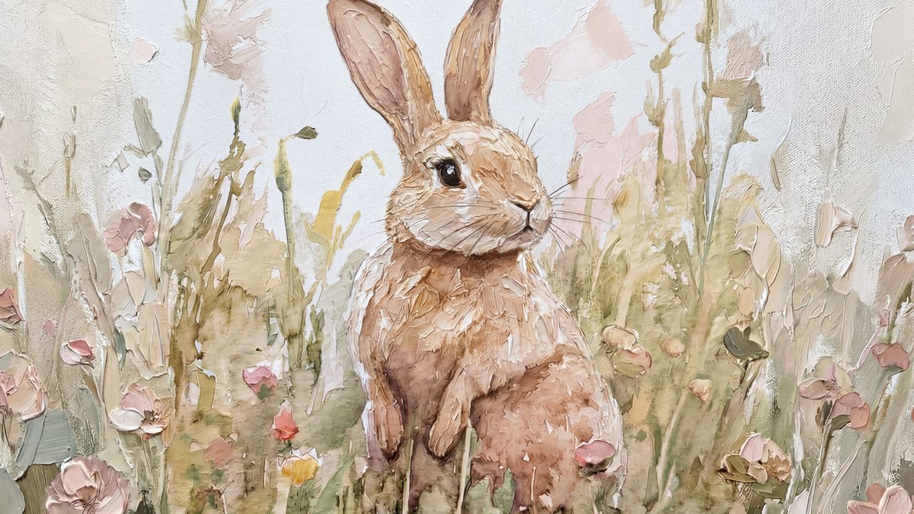 Easter Frame TV Art, Pastel Spring Oil Painting (Bunny in Spring Grass)
