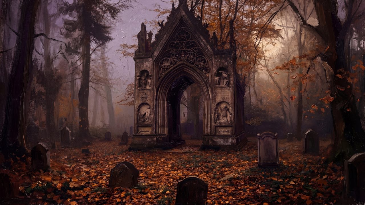 Halloween Frame TV Art, Vintage Moody Oil Painting (Gothic Crypt in Autumn Woods)
