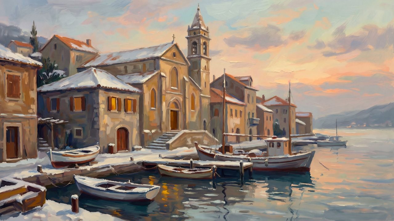 Christmas Frame TV Art, Vintage Holiday Oil Painting (Snowy Harbor Village at Sunset)