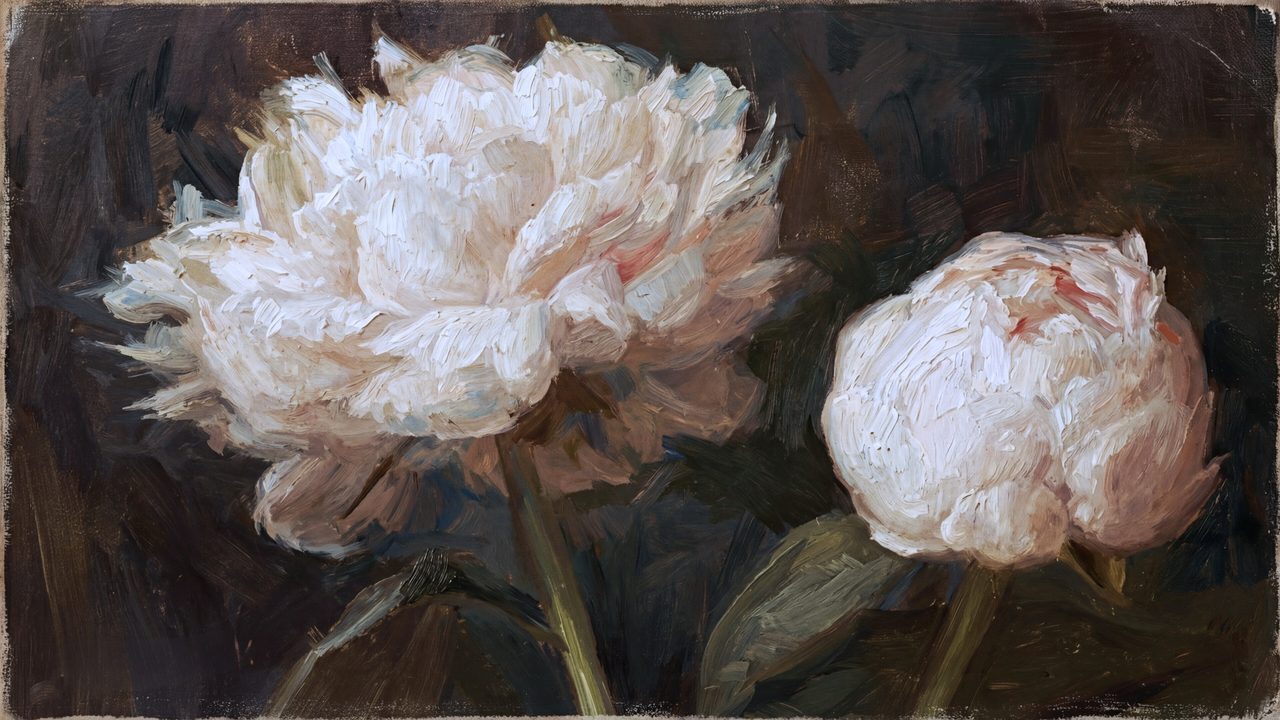 Vintage Frame TV Art, Antique Landscape Oil Painting (White Peonies on Dark Background 2)