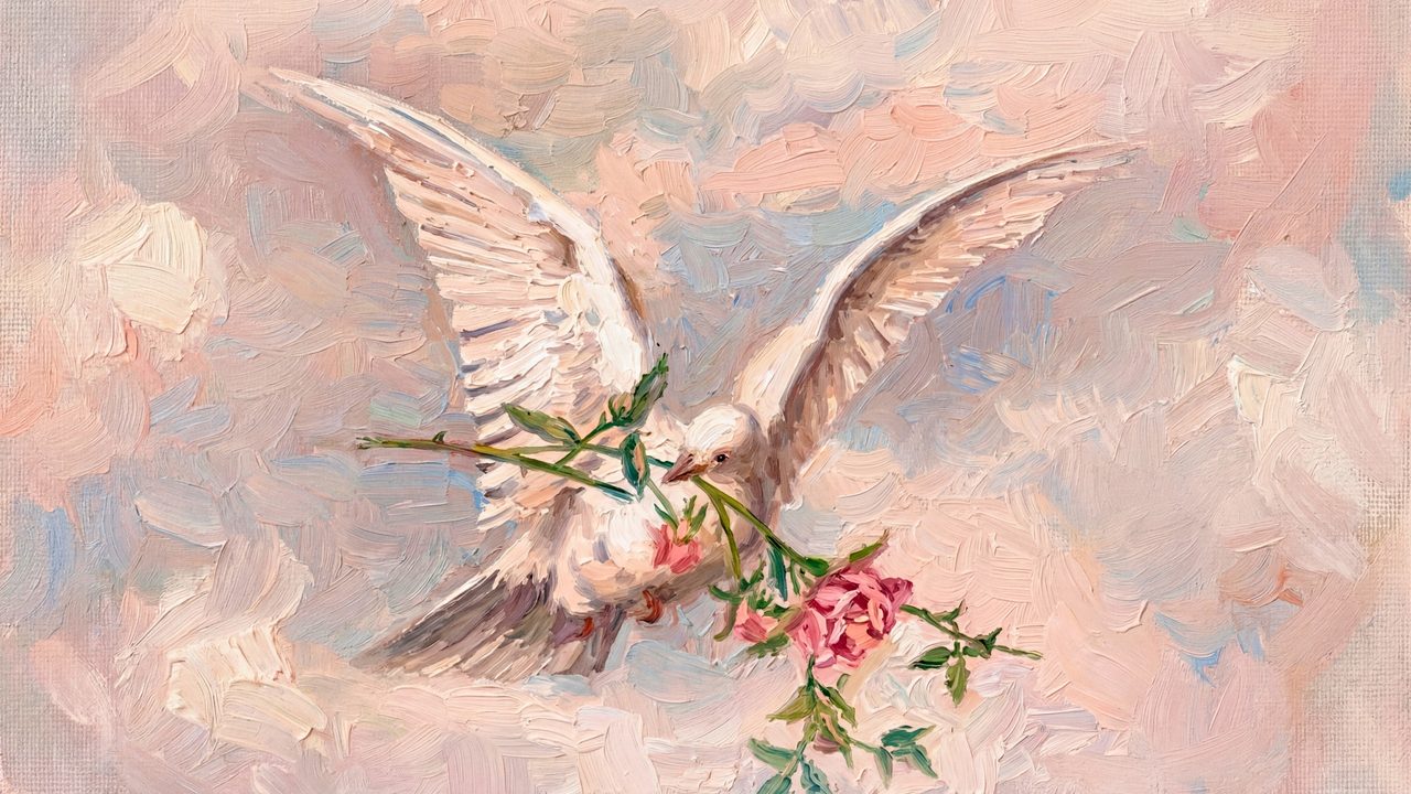 Valentine Frame TV Art, Romantic Vintage Oil Painting (Dove Carrying Pink Roses)