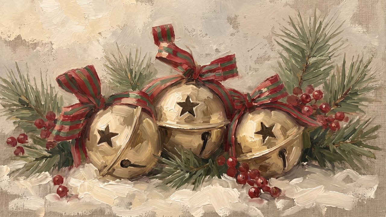 Christmas Frame TV Art, Vintage Holiday Oil Painting (Gold Jingle Bells with Plaid)