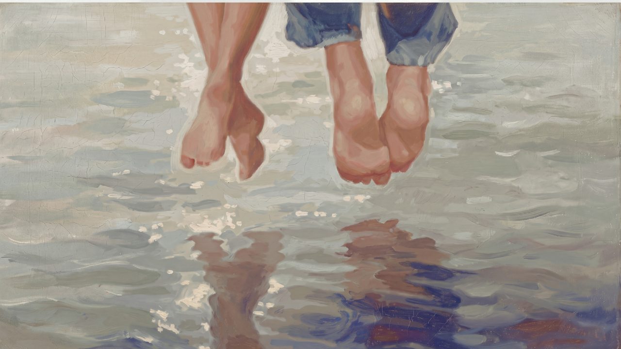 Summer Frame TV Art, Coastal Beach Oil Painting (Feet over Water Reflection)