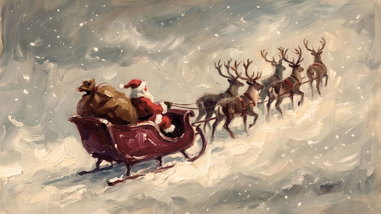 Christmas Frame TV Art, Vintage Holiday Oil Painting (Santa Sleigh in Snowfall)