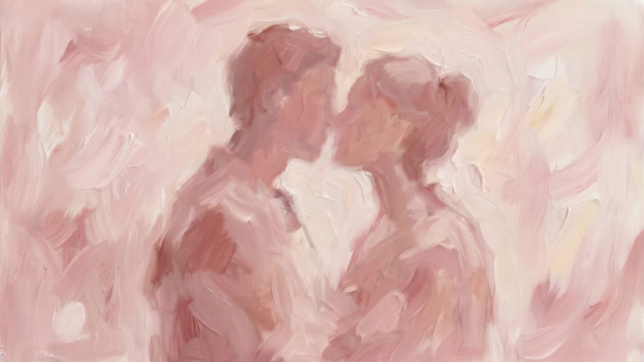 Valentine Frame TV Art, Romantic Vintage Oil Painting (Couple Kissing in Pink)