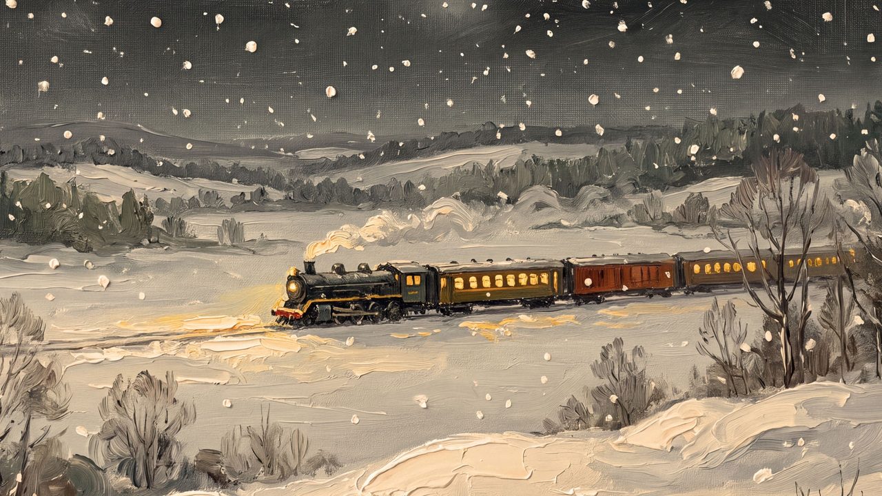 Christmas Frame TV Art, Vintage Holiday Oil Painting (Train Across Snowy Plain)